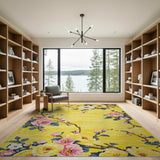 Vintage Yellow Floral Rug with Pink Blossoms