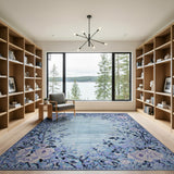 Teal Floral Border Area Rug with White Roses