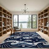 Navy Ocean Waves with Paw Prints Area Rug