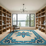 Blue Mandala Star Area Rug with Ornate Tile Border