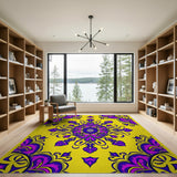 Vibrant Purple Mandala Area Rug on Sunny Yellow