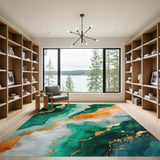 Teal Marble Swirl Gold Area Rug