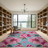 Vintage Pink Peony Floral Teal Area Rug