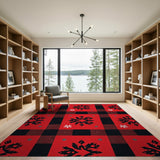 Festive Red Black Buffalo Plaid Snowflake Area Rug