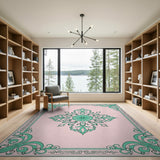 Teal Floral Medallion Pink Area Rug