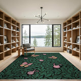 Emerald Green Foliage with Pink Butterflies Snails Rug