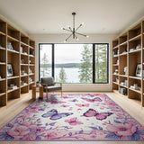 Floral Vintage Pink Whimsical Pink Butterfly Floral Area Rug