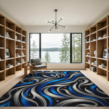 Swirling Blue Silver Abstract Area Rug