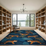 Stylized Orange Tigers Teal Jungle Rug