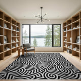 Black White Wavy Maze Geometric Area Rug