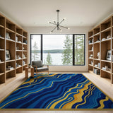 Navy Blue Gold Wave Abstract Area Rug
