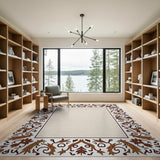 Beige and Neutral Ornate Floral Border Beige Area Rug