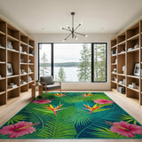 ODIKA Tropical Botanical Washable Area Rug - Low Pile Non-Slip Floral Rug
