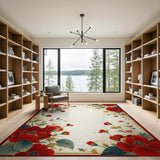 Red Peony Floral Border Area Rug