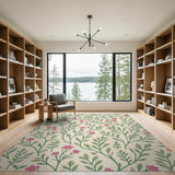 Pink Blossoms Lush Green Leaves Floral Area Rug