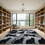 Black Cat Silhouette Metallic Grey Area Rug