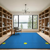 Modern Blue Mesh Rug with Yellow Circles