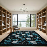 White Roses Teal Leaves Area Rug