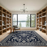 Ornate Navy Floral Damask Area Rug