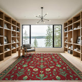 Red Floral Hummingbird Area Rug