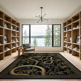 Golden Snake Coiled in Black Bamboo Rug