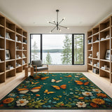 Emerald Green Monarch Butterfly Floral Area Rug