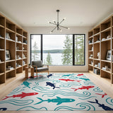 Vibrant Fish Swim Teal Wave Area Rug
