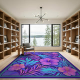 Washable Neon Tropical Floral Area Rug - Low Pile, Non-Slip & Pet Friendly