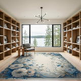 Elegant Blue Poppy Floral Border Rug