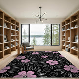 Pink Hibiscus Floral Area Rug on Black