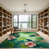 Lush Green Hibiscus and Palm Leaf Area Rug