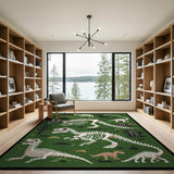 Dinosaur Skeletons Pixel Art Green Area Rug