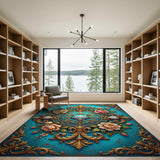 Teal Gold Baroque Floral Seashell Rug