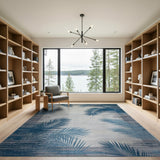 Coastal Blue Palm Leaf Grey Area Rug