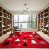 Festive Red Christmas Trees Snowflakes Stars Rug