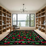 Red Hibiscus Floral Area Rug on Black