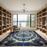 Ornate Blue Cornflower Rose Medallion Rug