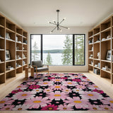 Retro Pink Daisy Floral Area Rug on Black