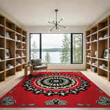 Vibrant Red Mandala Area Rug with Intricate Black White Design