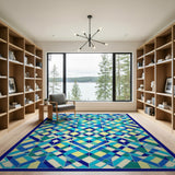 Blue Teal Geometric Diamond Patchwork Rug