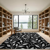 Elegant White Leaf on Black Area Rug