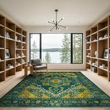 Teal Yellow Geometric Heritage Tribal Rug