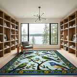 Vibrant Birds on Branches Floral Area Rug