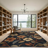 Navy Floral Vintage Area Rug with Beige Blooms