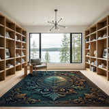 Ornate Teal Fern Baroque Frame Area Rug