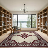 Ornate Beige Persian Area Rug with Maroon Motifs