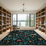 Whimsical Teal Leaf Bug Mushroom Area Rug