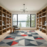 Modern Geometric Navy Grey Red Area Rug