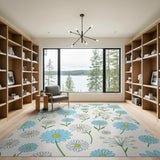 Blue White Daisy Floral Pattern Area Rug