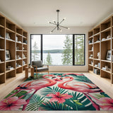 Pink Flamingos with Tropical Leaves Hibiscus Rug